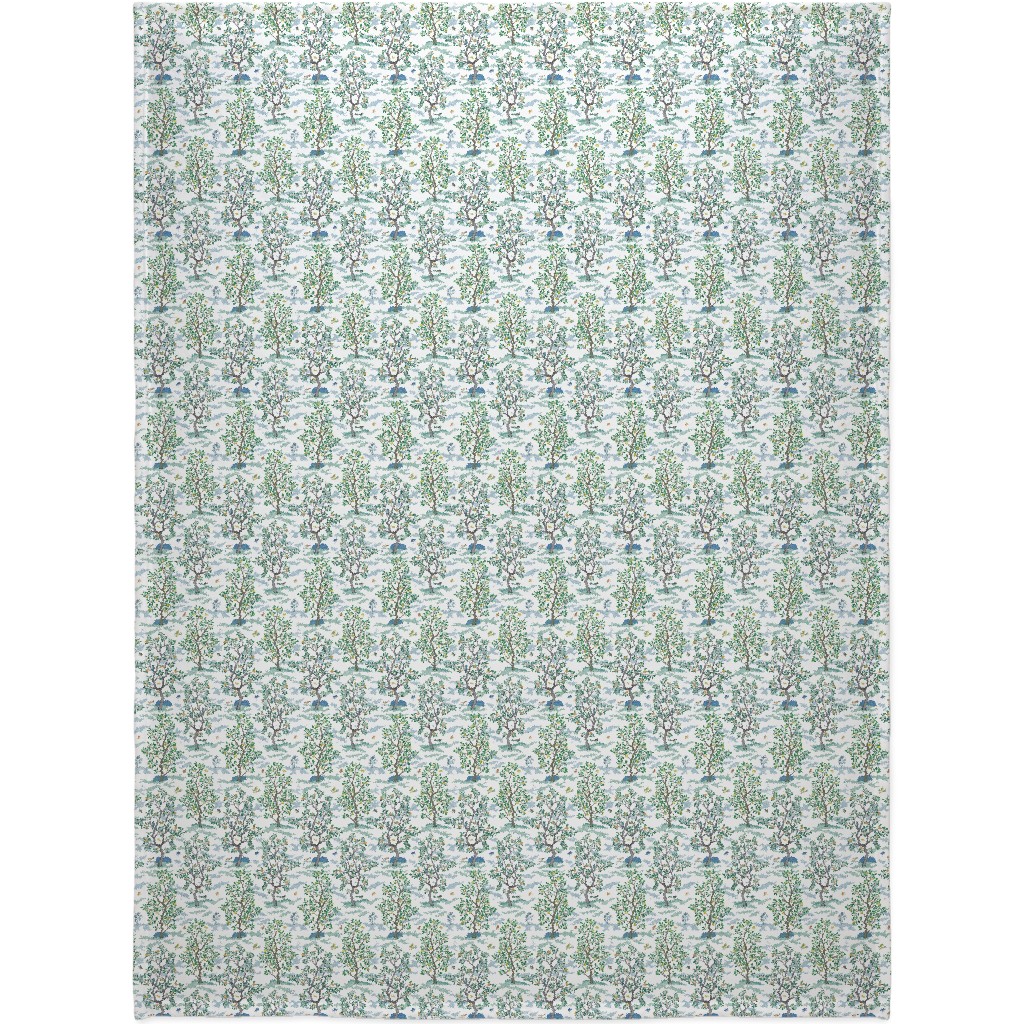 Citrus Trees - Blue and Green on White Blanket, Plush Fleece, 60x80, Green