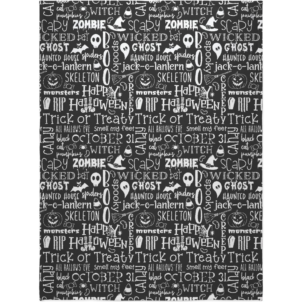 Halloween Typography - White on Grey Blanket, Plush Fleece, 60x80, Black, Black
