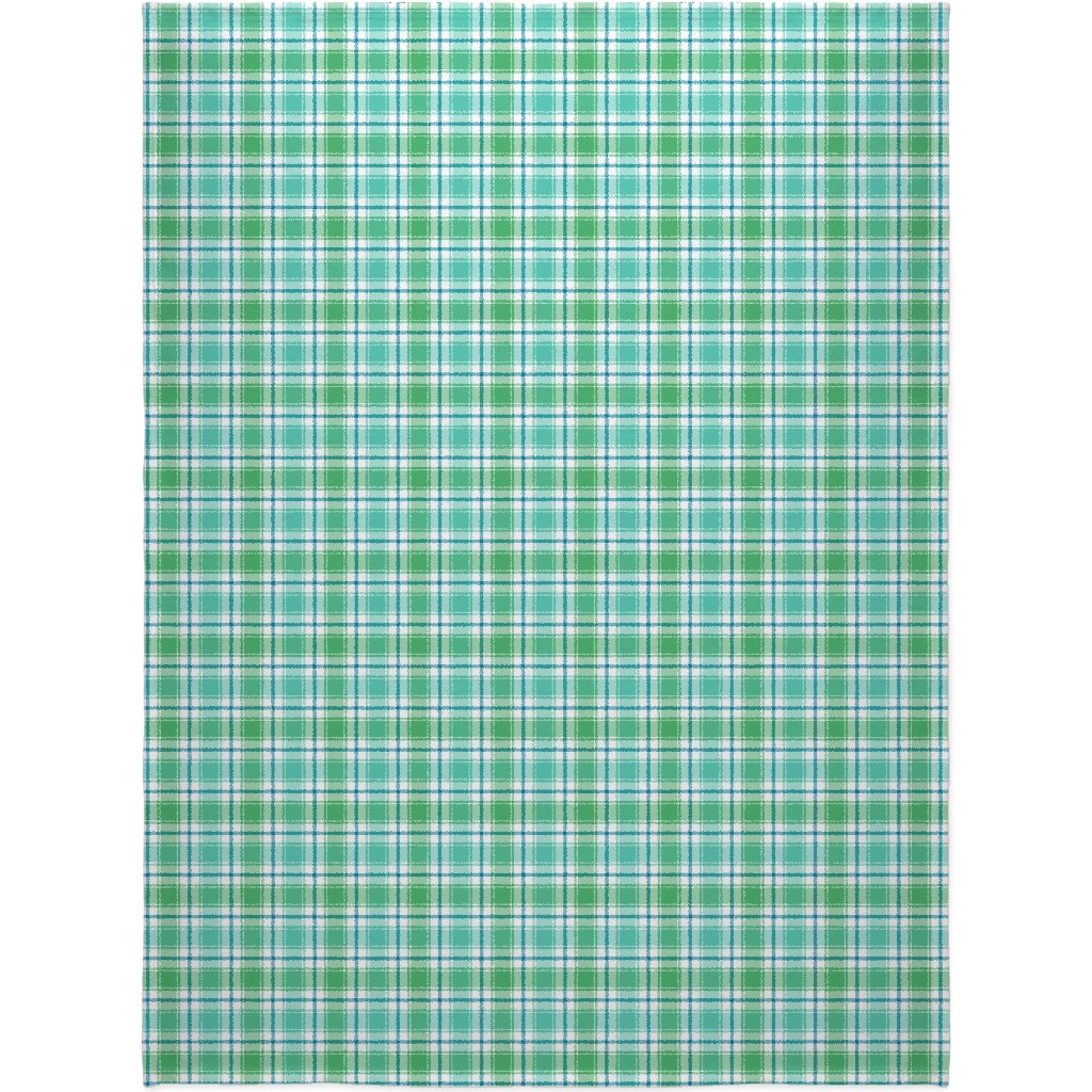 Blue, Green, Turquoise, and White Plaid Blanket, Plush Fleece, 60x80, Green