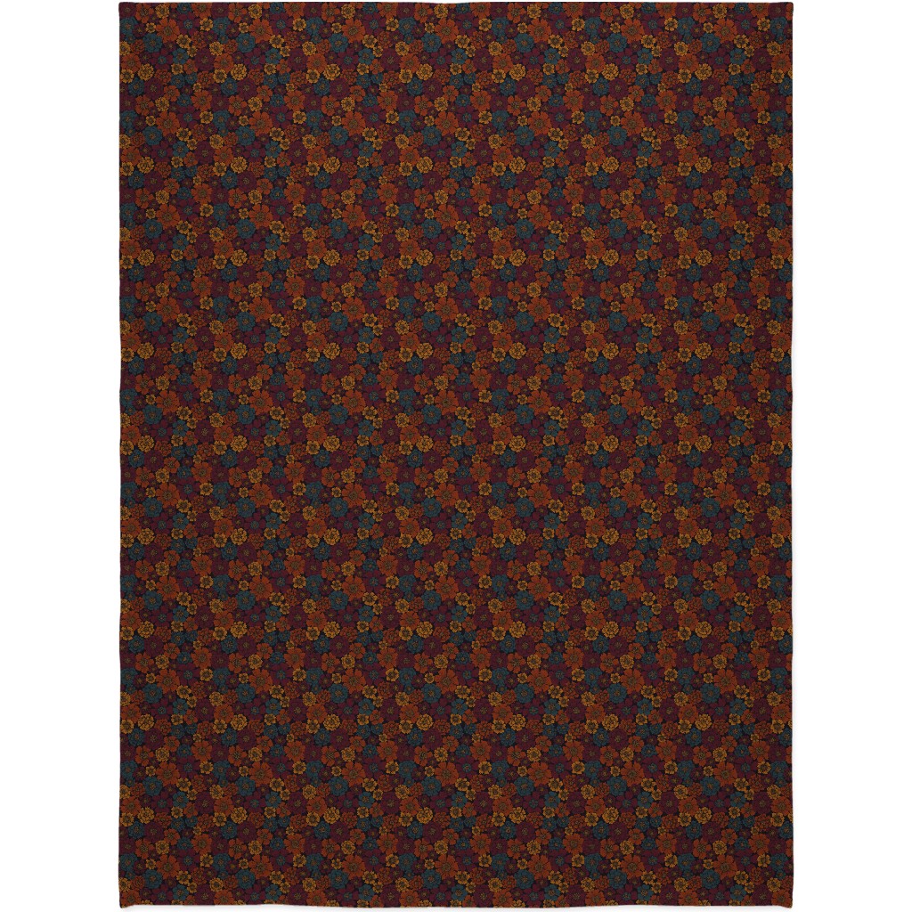 Burgundy, Rust, Mustard & Teal Floral Blanket, Plush Fleece, 60x80, Red, Red