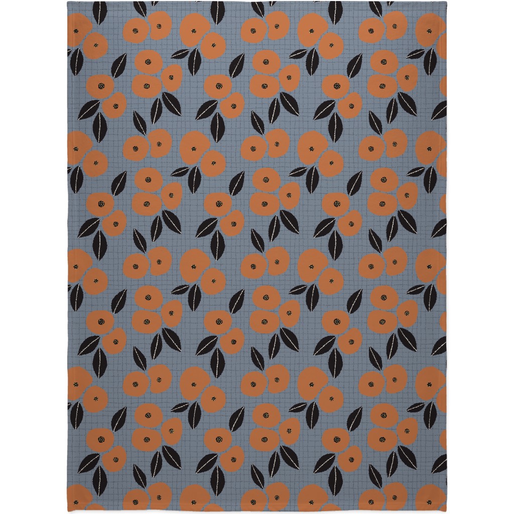 Ingrid Floral - Orange on Blue Blanket, Plush Fleece, 60x80, Blue