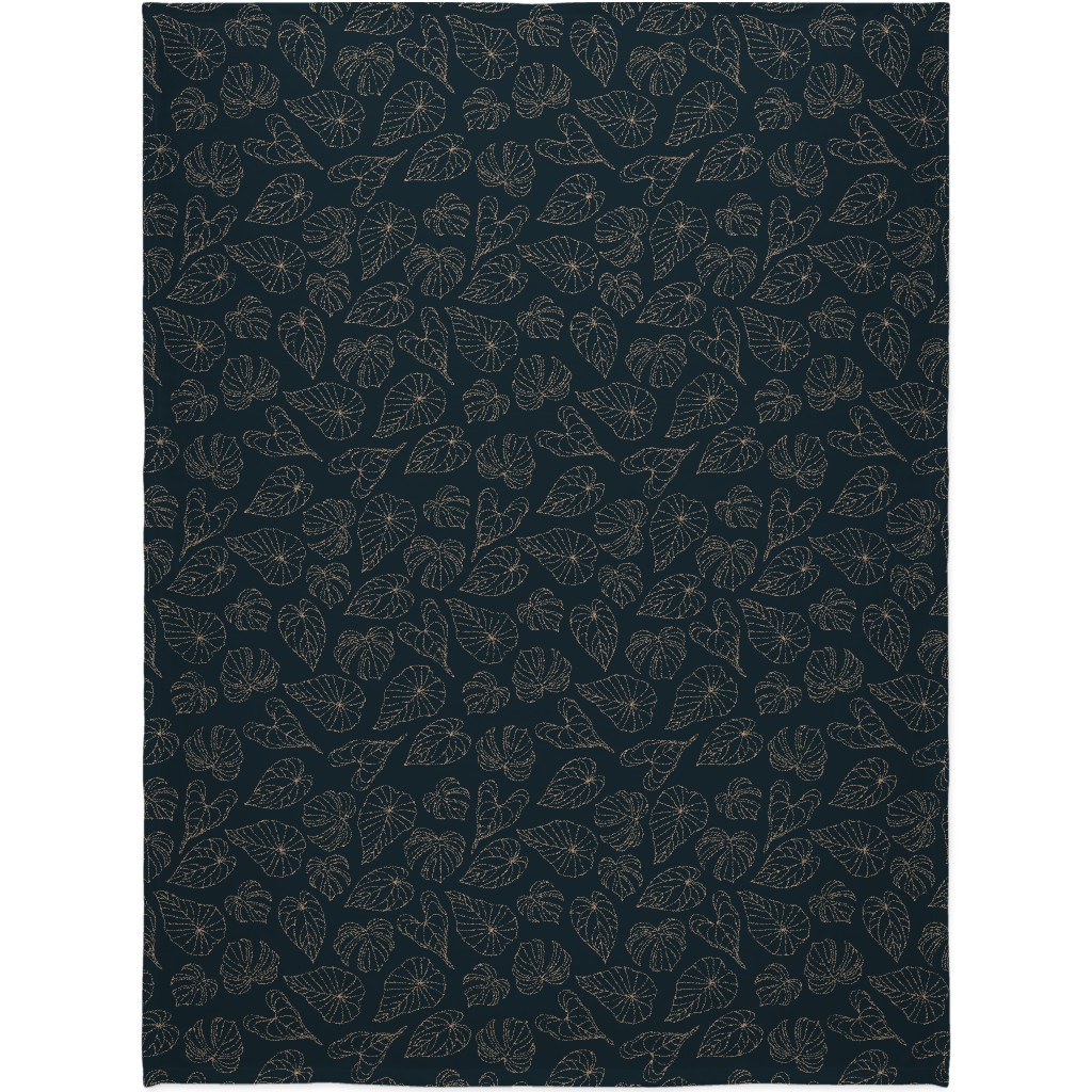 Minimalist Monstera Leaves - Dark Blanket, Plush Fleece, 60x80, Blue