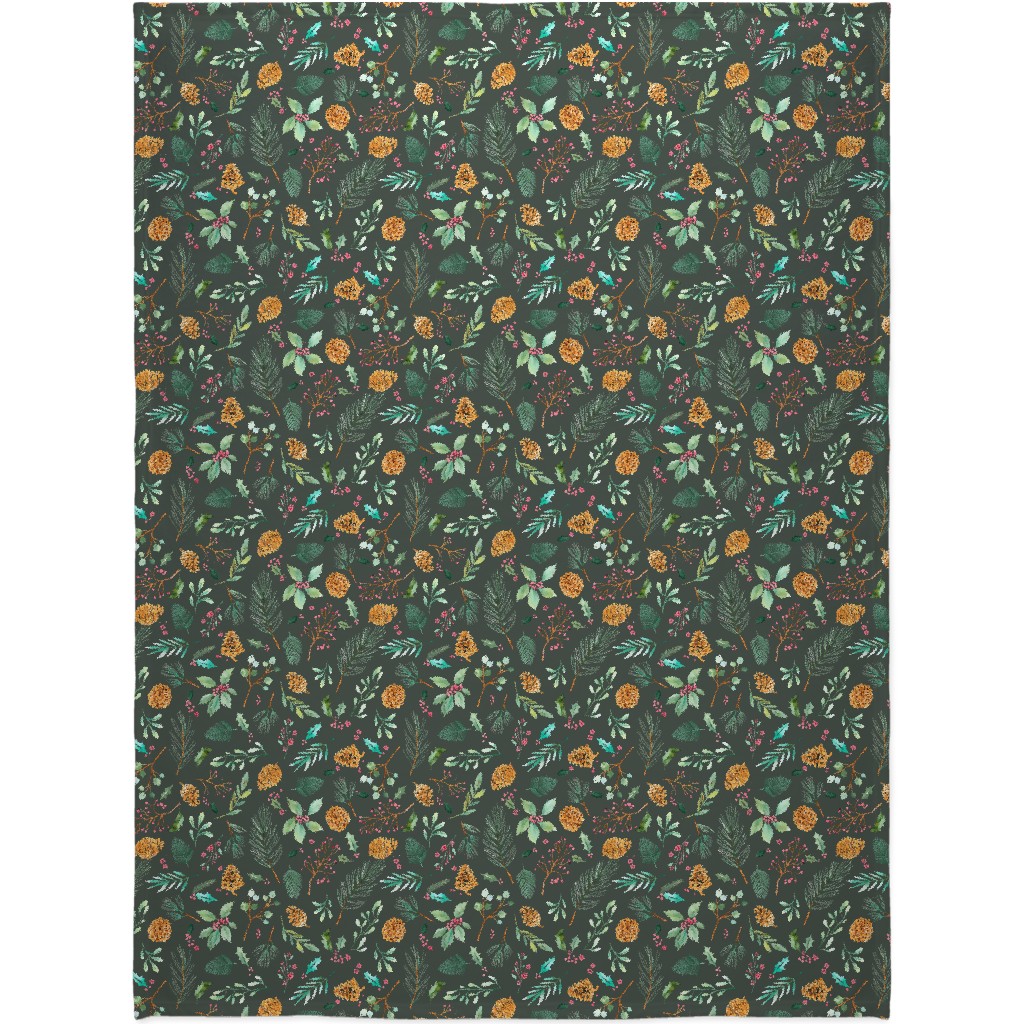 Christmas Holiday Botanical on Dark Green Blanket, Plush Fleece, 60x80, Blue, True Blue