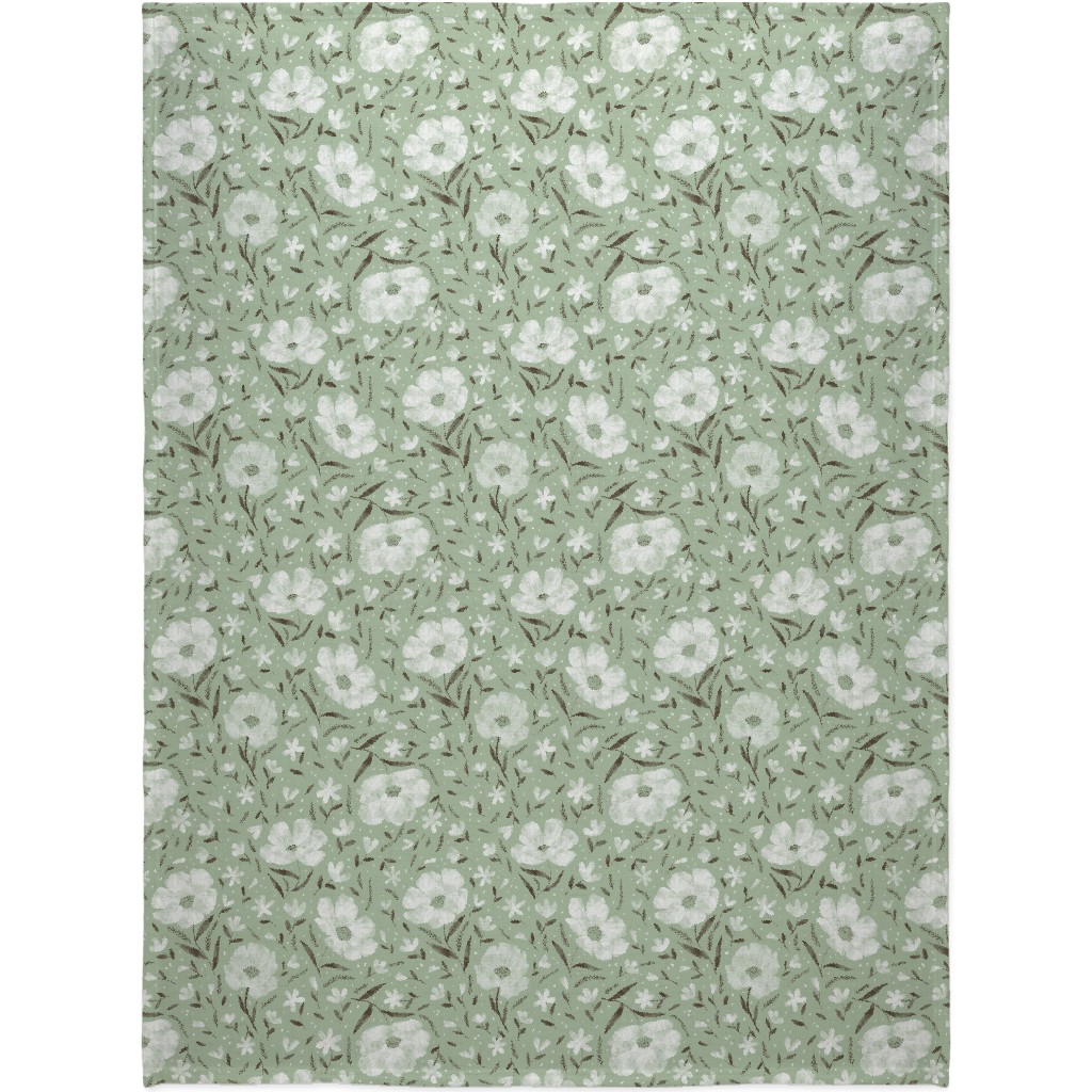 Charlotte Floral - Sage Blanket, Plush Fleece, 60x80, Green, Classic Green