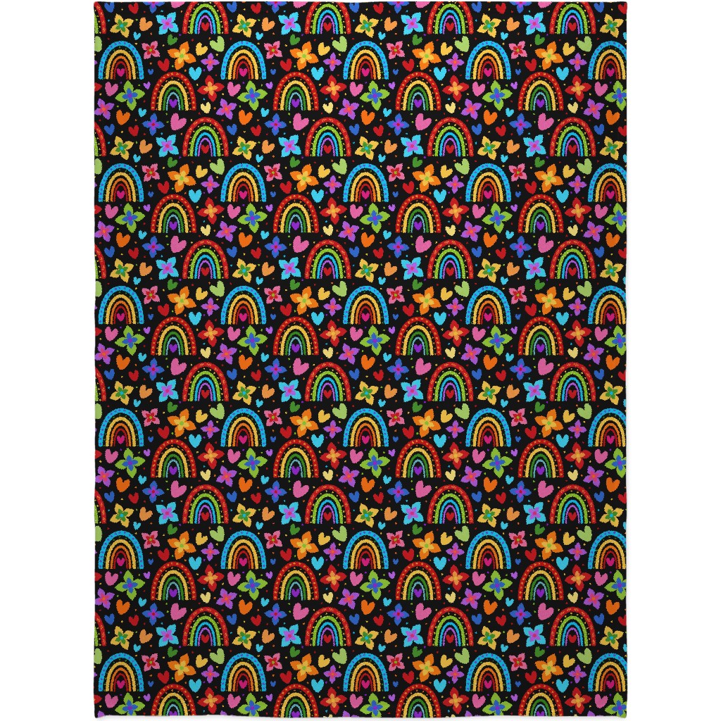 Colorful Rainbows, Flowers, Hearts - Black Blanket, Plush Fleece, 60x80, Multicolor