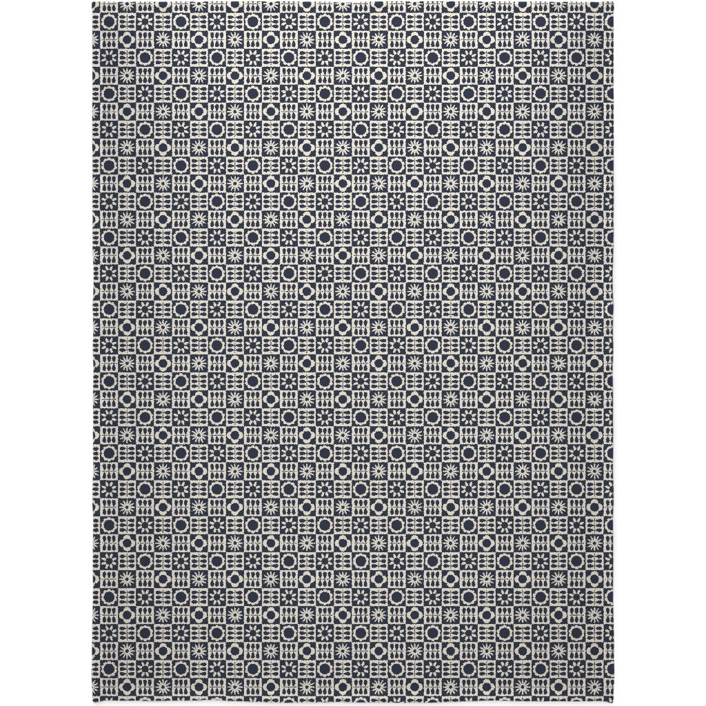 Scandinavian Checker Blooms - Off White and Navy Blanket, Plush Fleece, 60x80, Black, Black