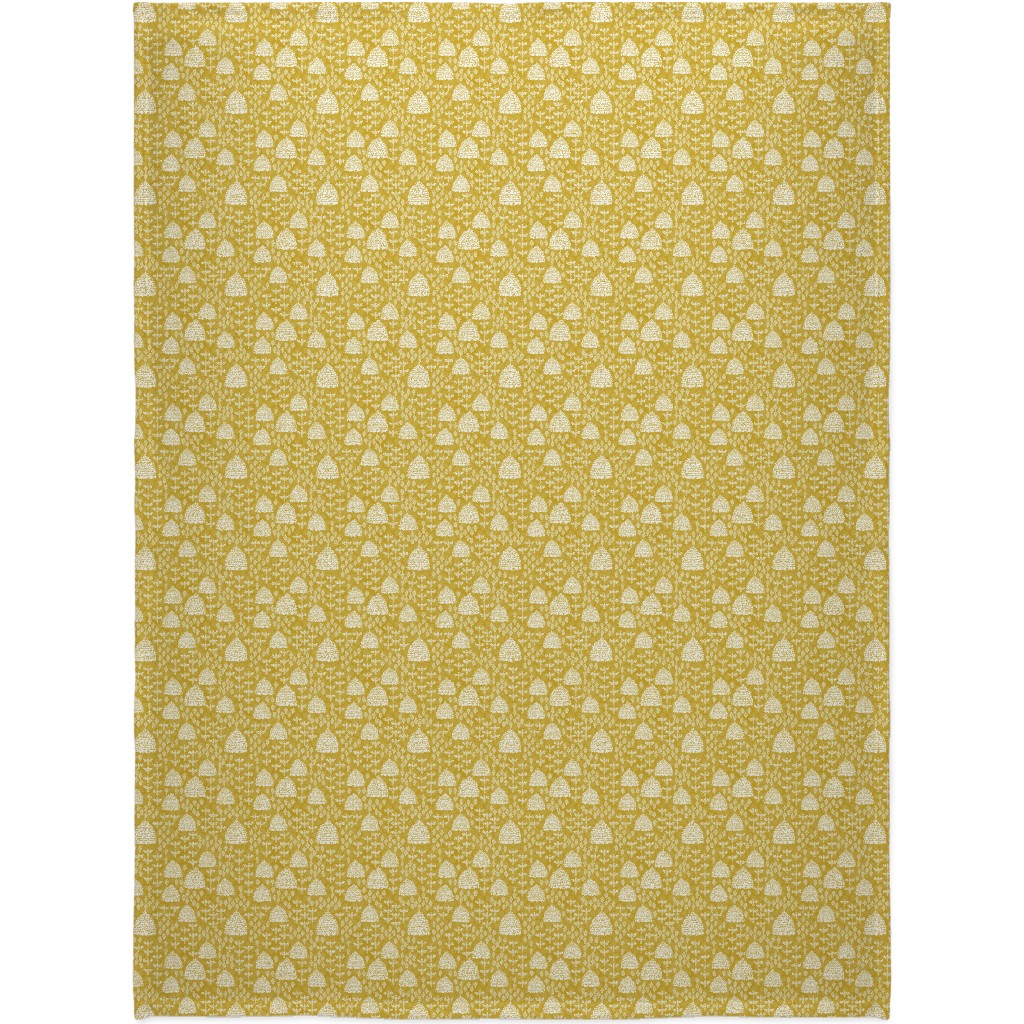 Bee Hives, Spring Florals Linocut Block Printed - Golden Yellow Blanket, Plush Fleece, 60x80, Yellow, Classic Yellow