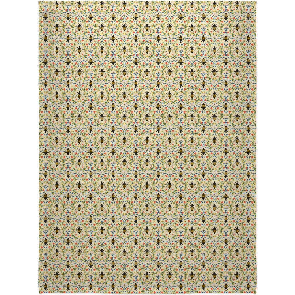 Bee Garden - Multi on Cream Blanket, Plush Fleece, 60x80, Yellow