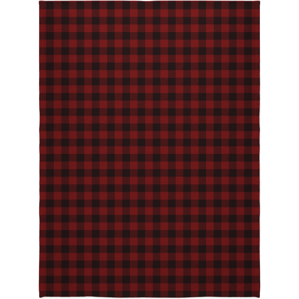 Linen Look Gingham Lumberjack - Red, Black Blanket, Plush Fleece, 60x80, Red