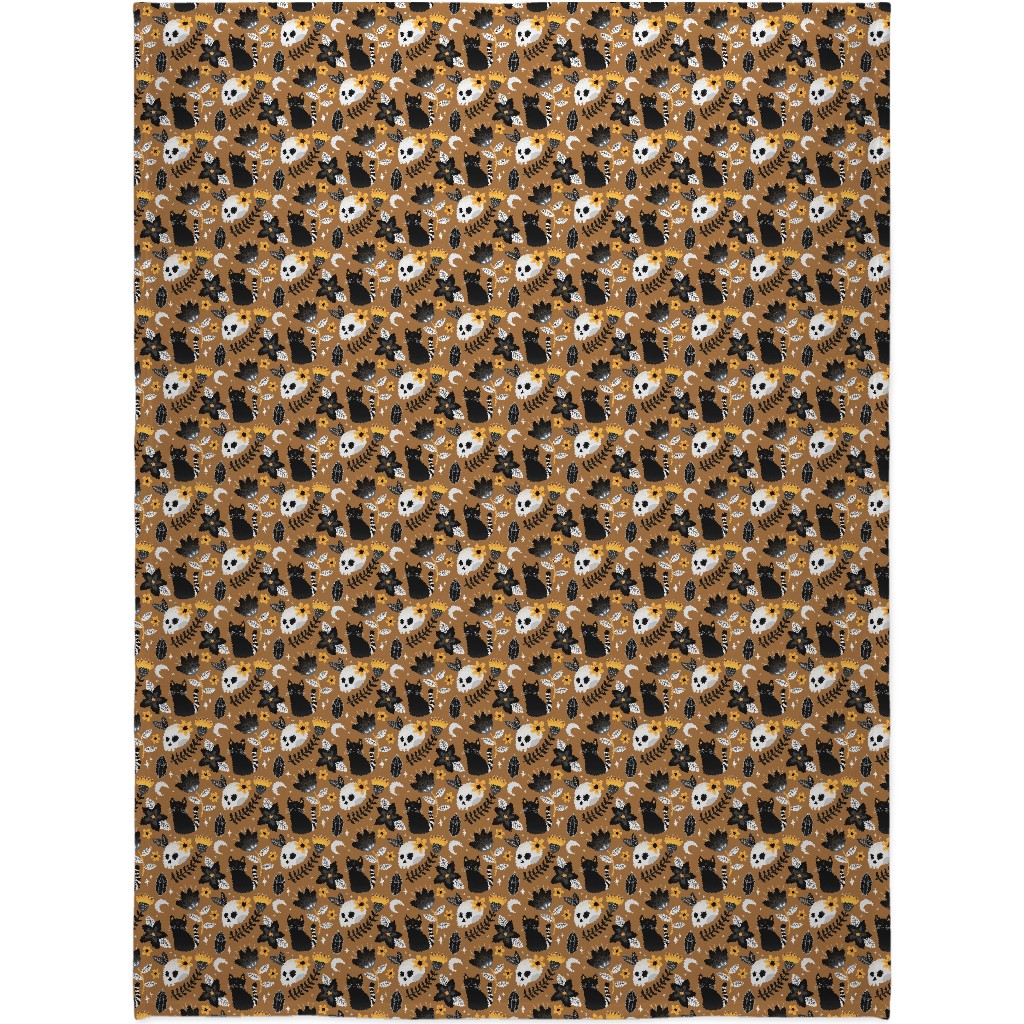 Black Cat & Floral Skull Blanket, Plush Fleece, 60x80, Brown, Brown