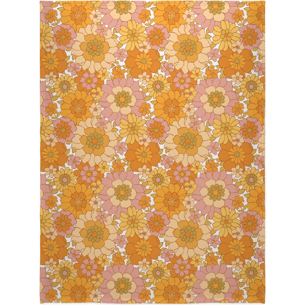 Avery Retro Floral - Orange on White Blanket, Sherpa, 60x80, Orange