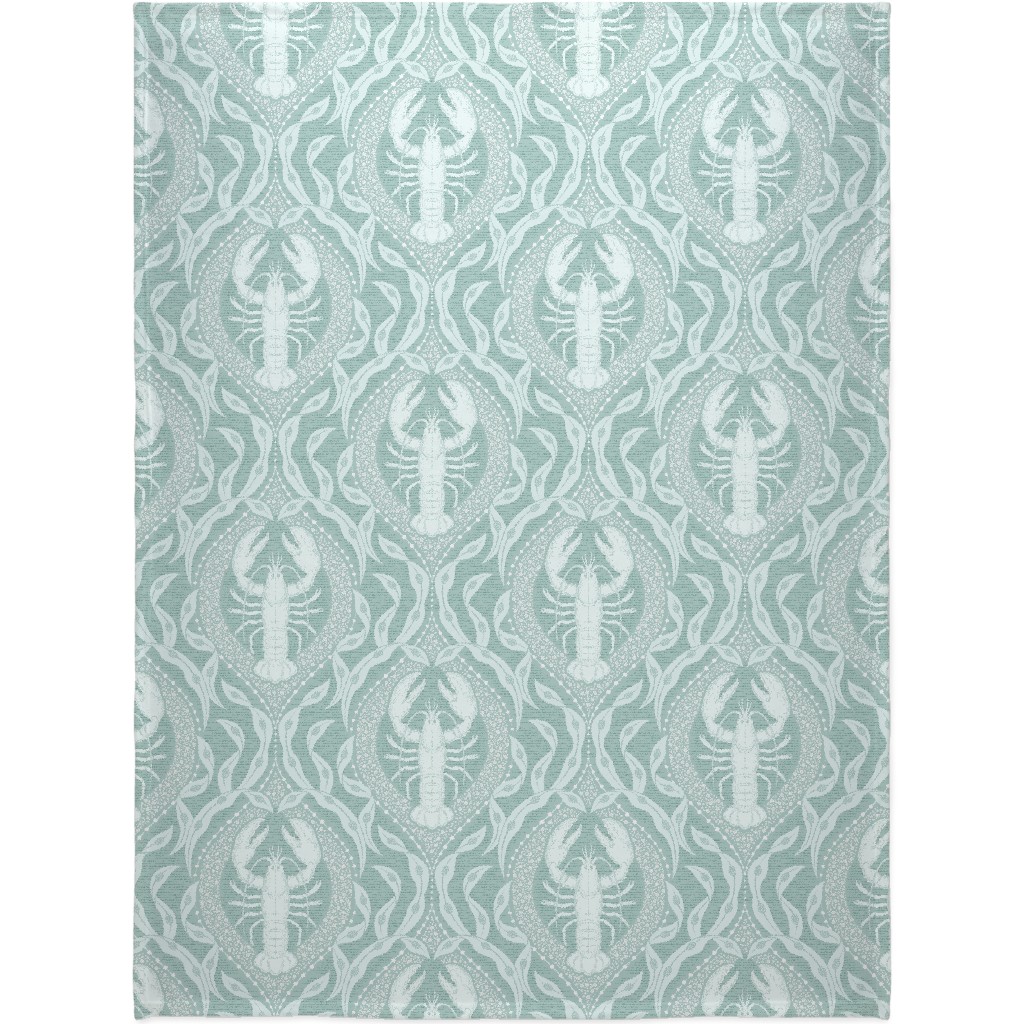 Lobster and Seaweed Nautical Damask Blanket, Sherpa, 60x80, Green, Aloe