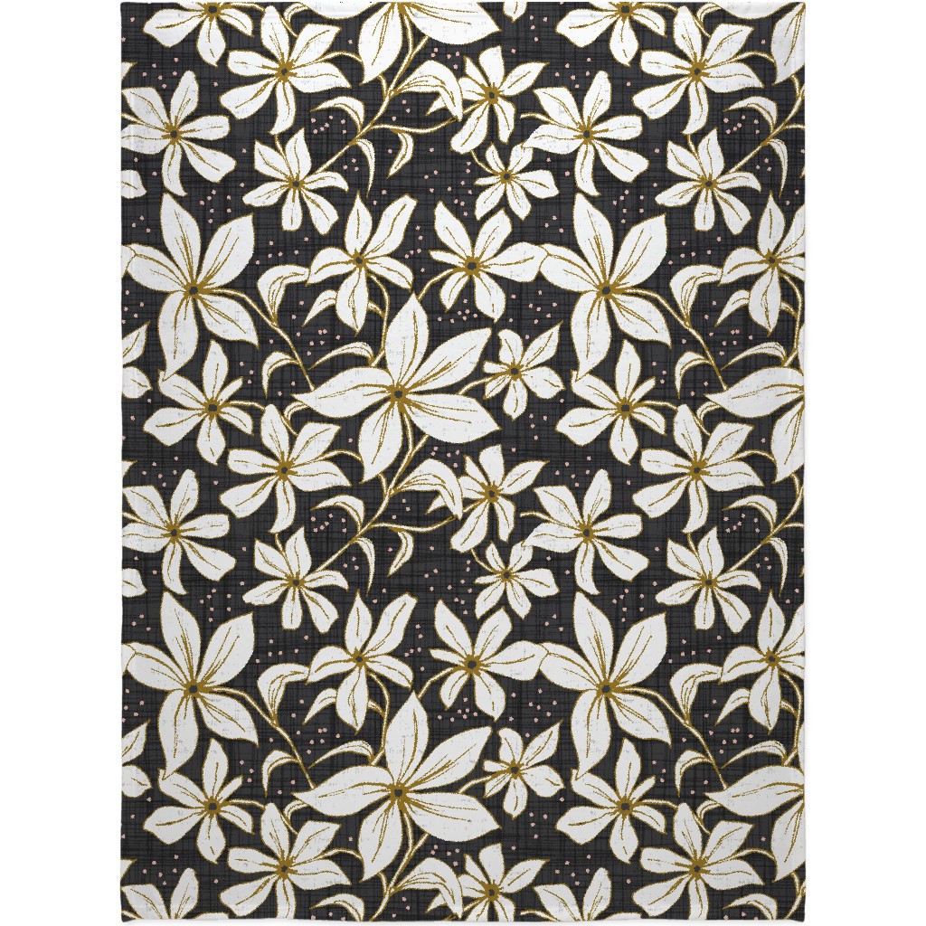 Lilium - Floral - Charcoal Black & White Blanket, Sherpa, 60x80, Black