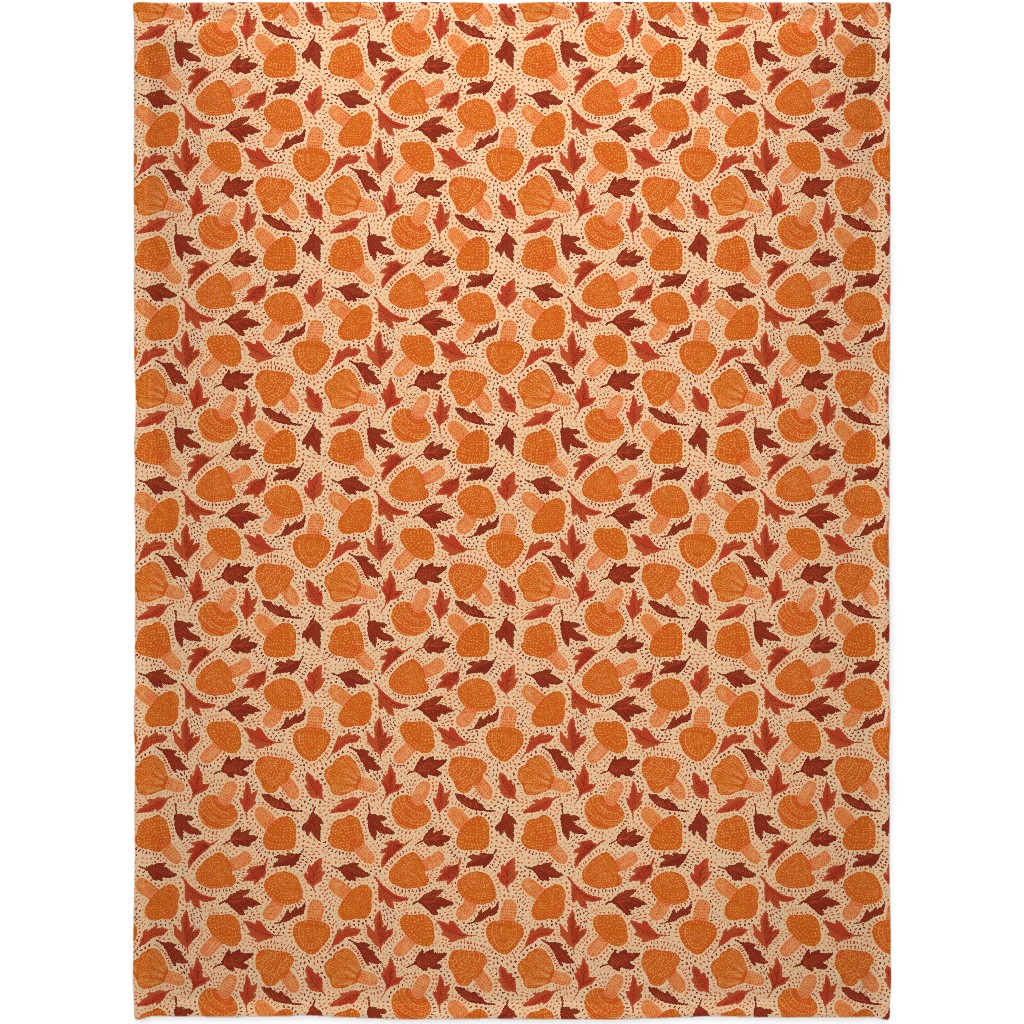 Autumn Mushrooms and Fallen Leaves Blanket, Sherpa, 60x80, Orange