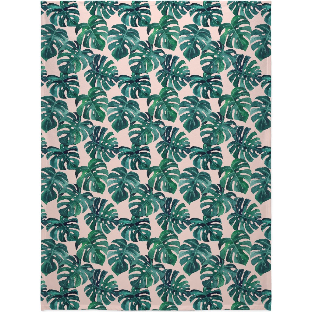 Watercolor Monstera Leaves - Green on Blush Pink Blanket, Sherpa, 60x80, Green, Classic Green