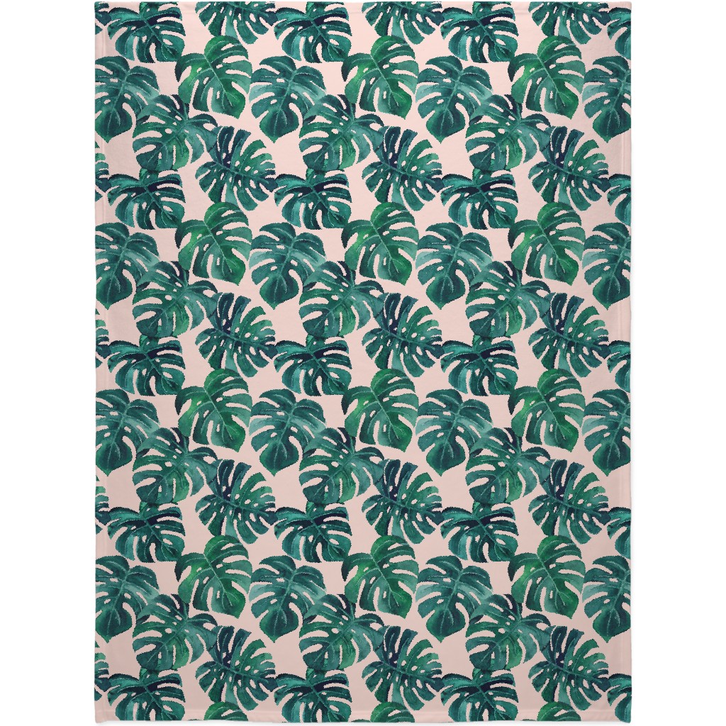 Watercolor Monstera Leaves - Green on Blush Pink Blanket, Sherpa, 60x80, Green