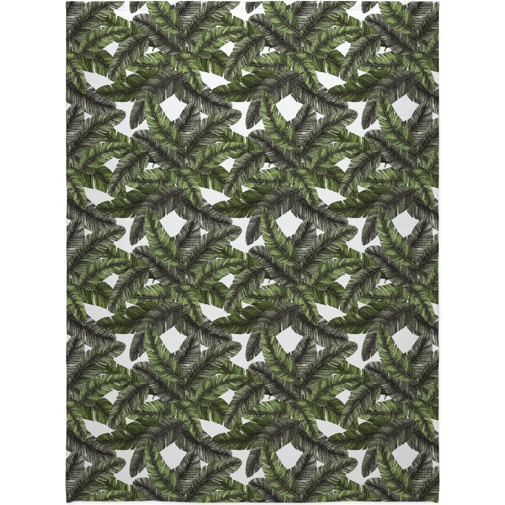 Tropical Palm Leaves - Green Blanket, Sherpa, 60x80, Green