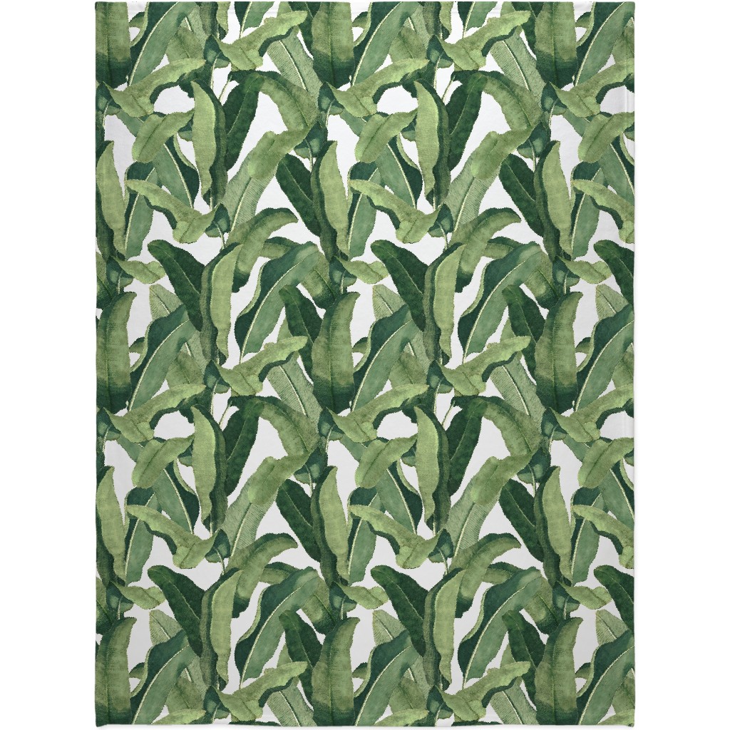 Tropical Leaves - Greens on White Blanket, Sherpa, 60x80, Green, Classic Green