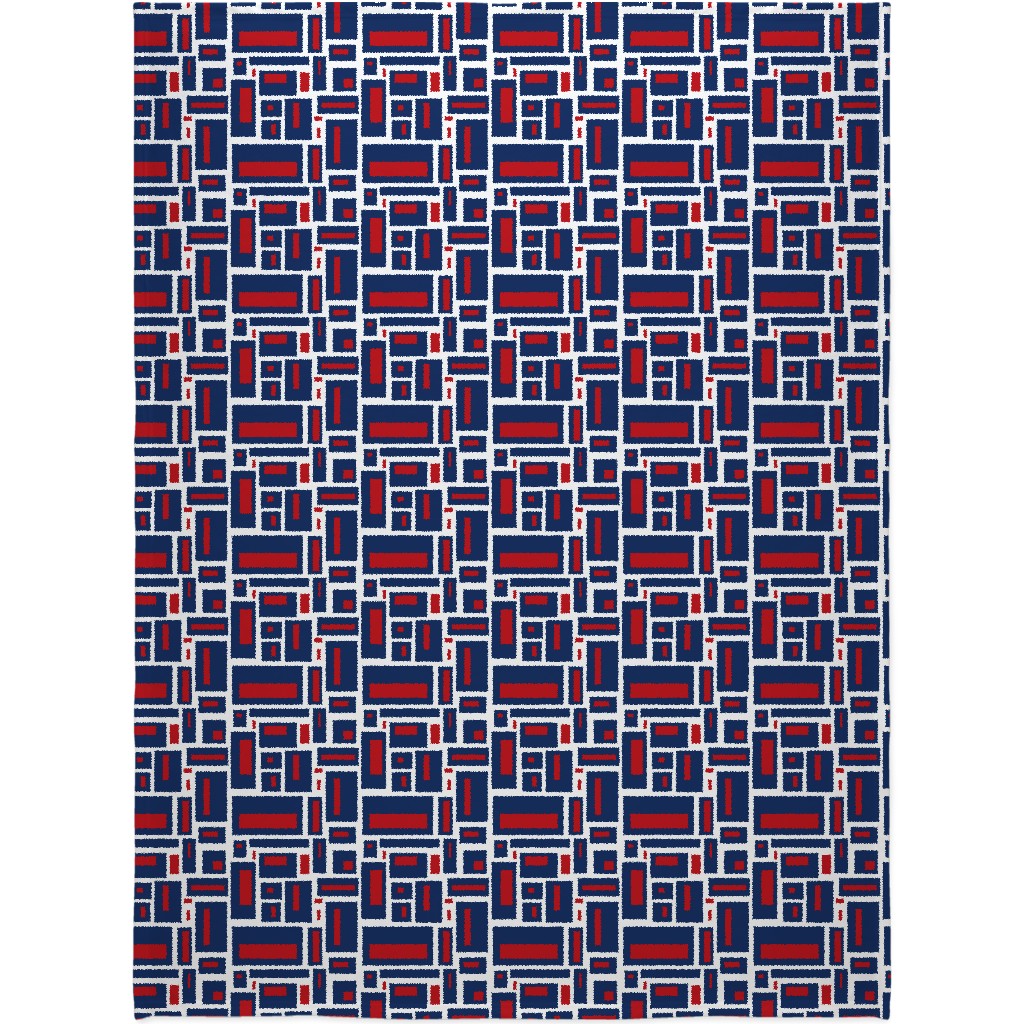 Geometric Rectangles in Red, White and Blue Blanket, Sherpa, 60x80, Blue