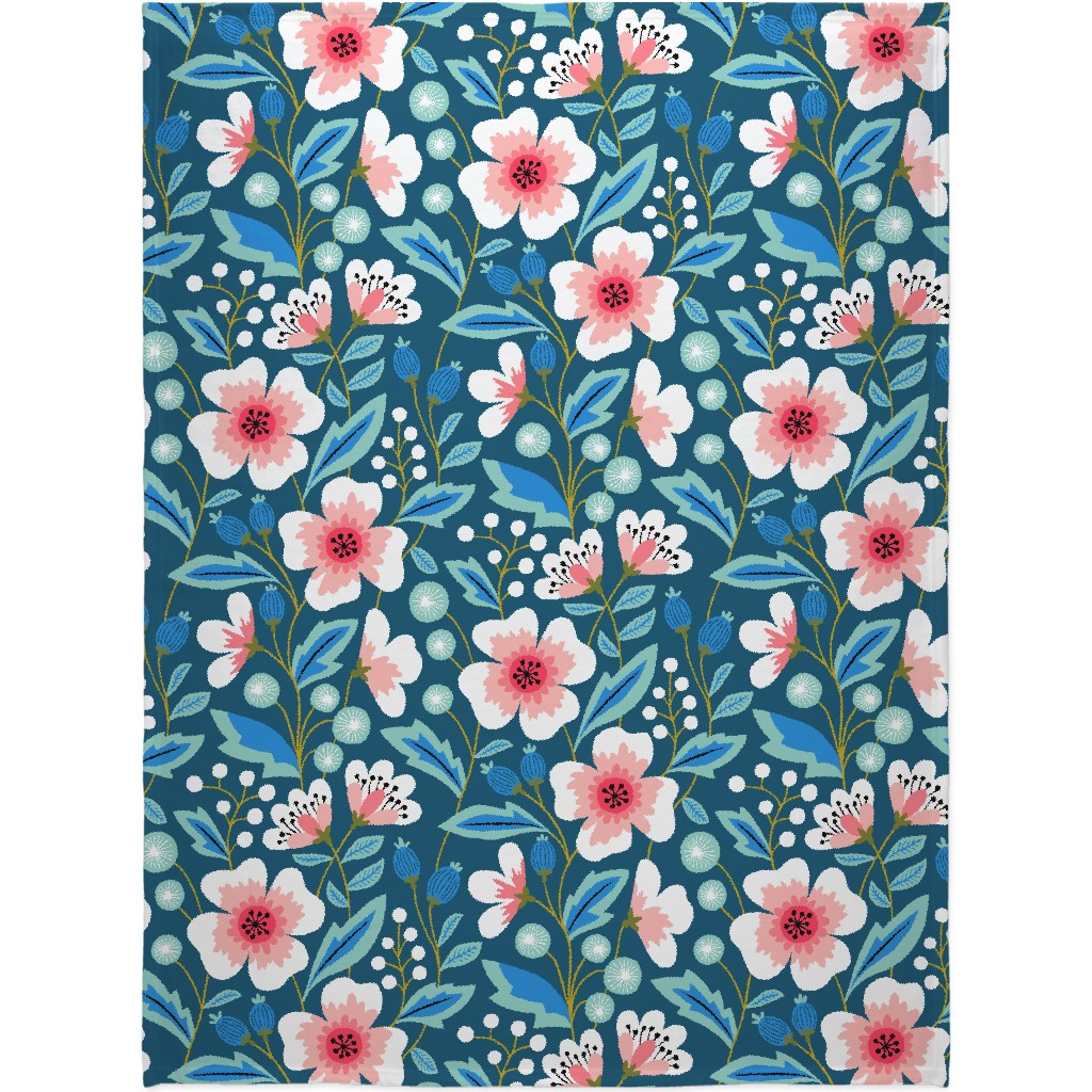 Colorful Spring Flowers - Pink on Blue Blanket, Sherpa, 60x80, Green, Classic Green