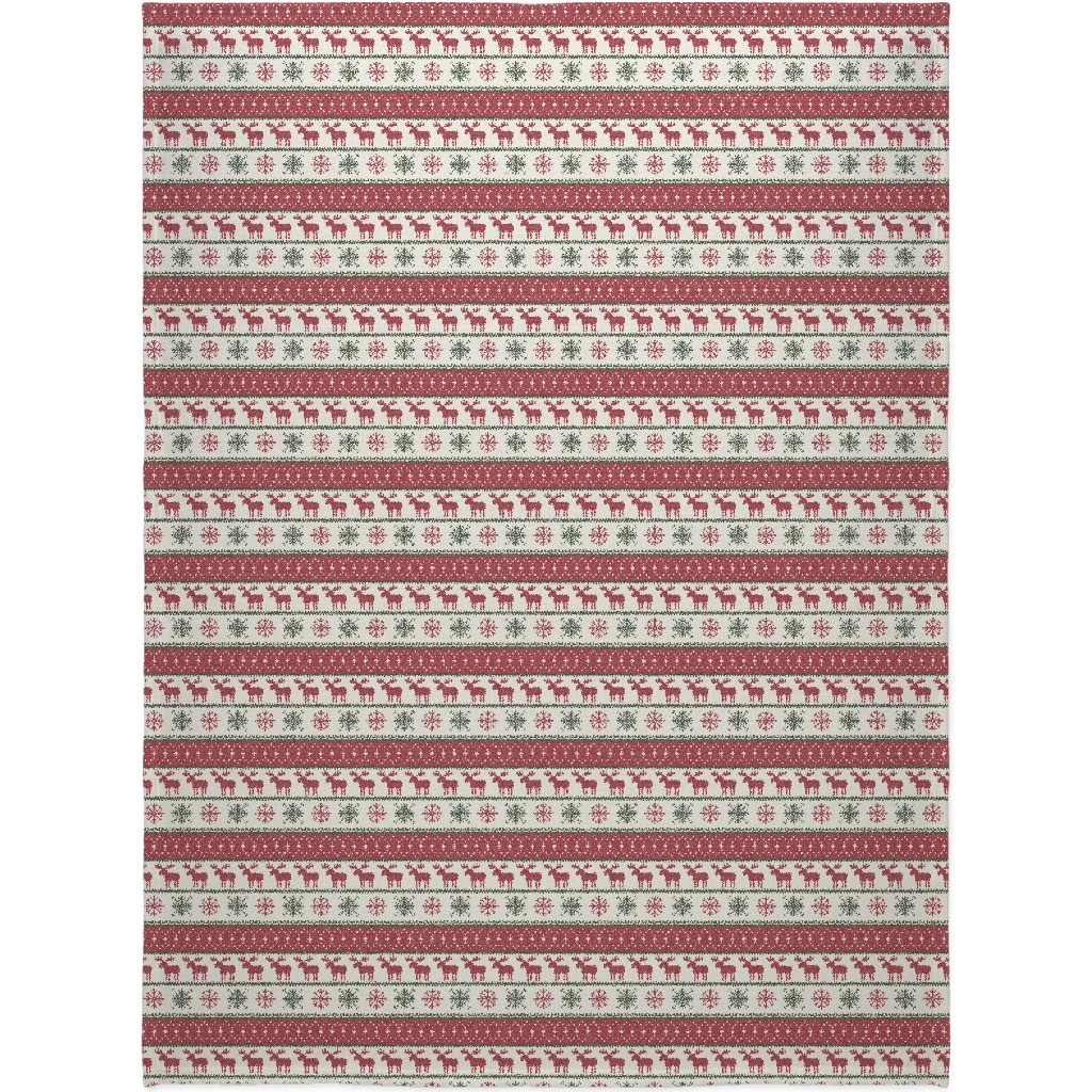 Fair Isle Moose - Red, Green and Cream Blanket, Sherpa, 60x80, Multicolor