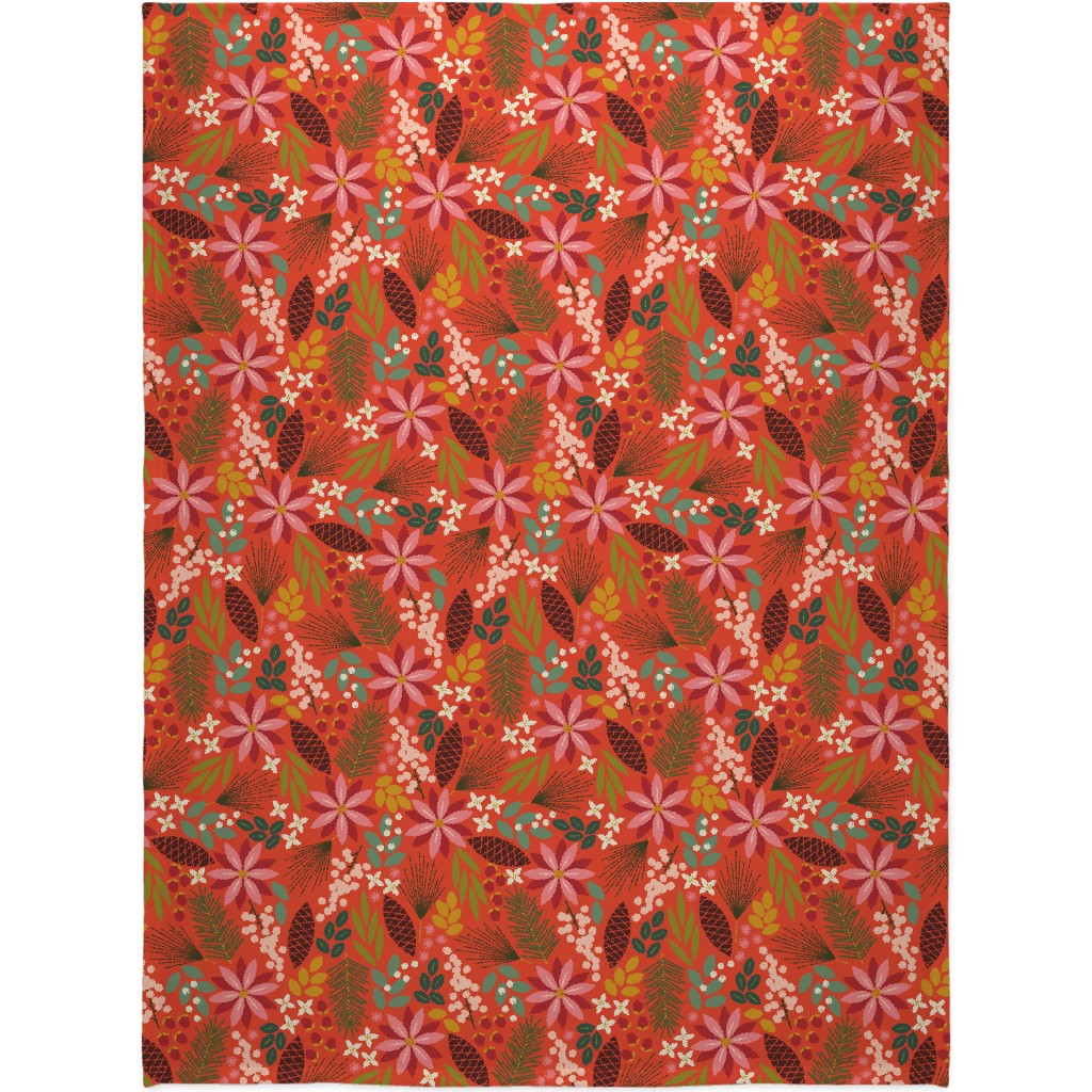 Pinecones and Berries - Red Blanket, Sherpa, 60x80, Red, Red