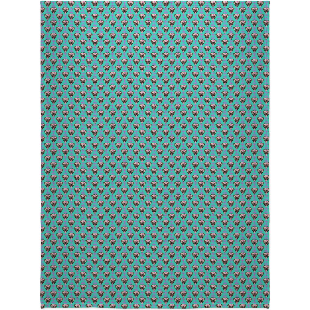 Pugs & Kisses - Cute Pug Dog - Teal Blanket, Sherpa, 60x80, Green, Classic Green