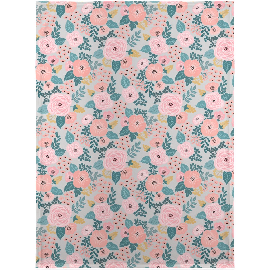June Botanicals - Gray Blanket, Fleece, 30x40, Pink