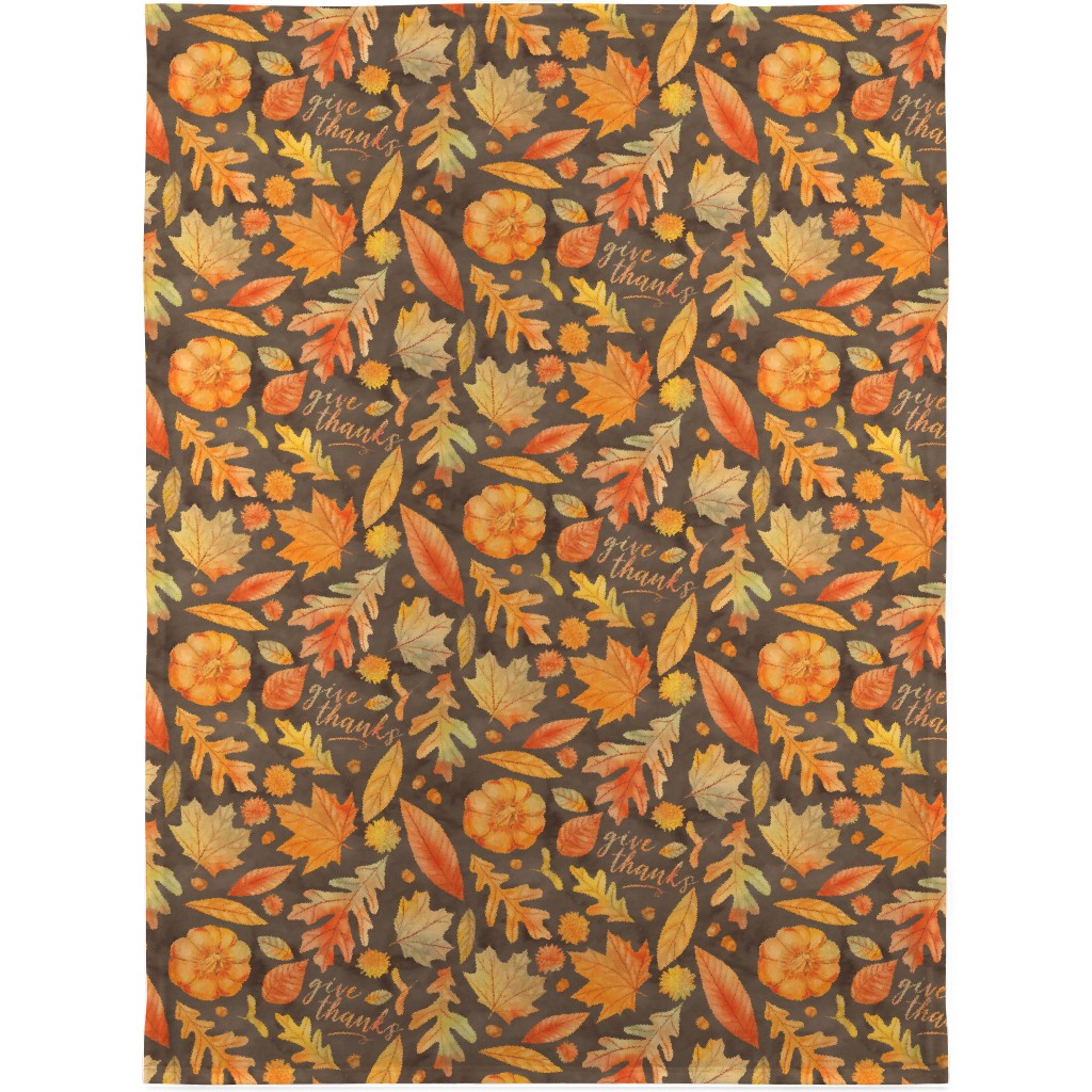 Give Thanks Watercolor Leaves - Brown Blanket, Fleece, 30x40, Orange, Orange