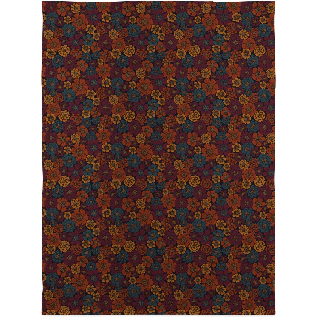 Burgundy, Rust, Mustard & Teal Floral Blanket, Fleece, 30x40, Red