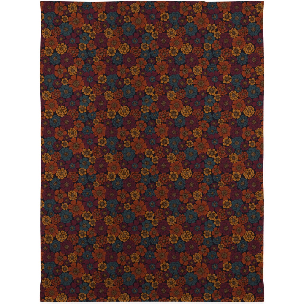Burgundy, Rust, Mustard & Teal Floral Blanket, Fleece, 30x40, Red, Red