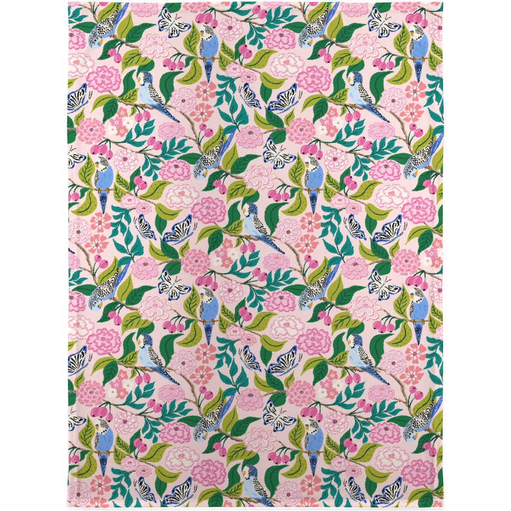 Budgies and Butterflies - Pink and Green Blanket, Fleece, 30x40, Pink