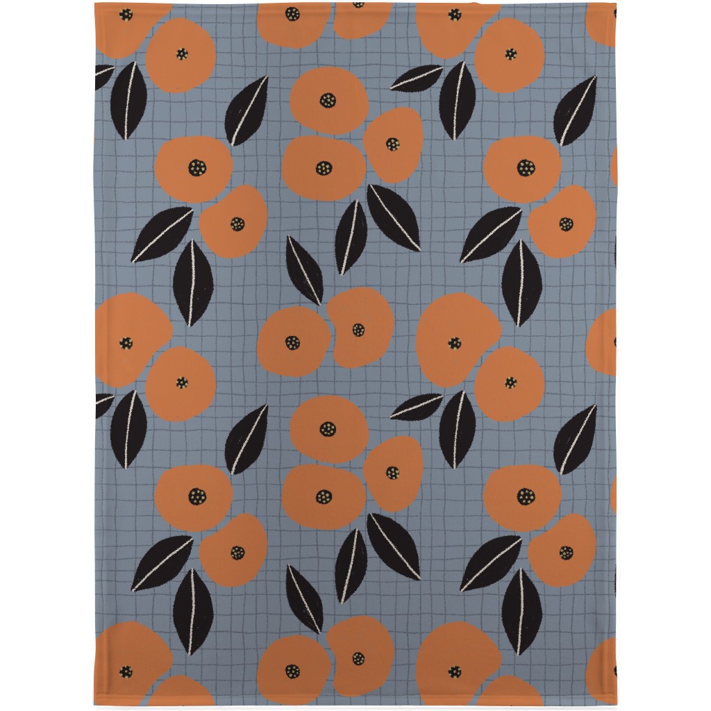 Ingrid Floral - Orange on Blue Blanket, Fleece, 30x40, Blue