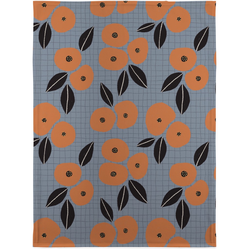 Ingrid Floral - Orange on Blue Blanket, Fleece, 30x40, Blue, True Blue