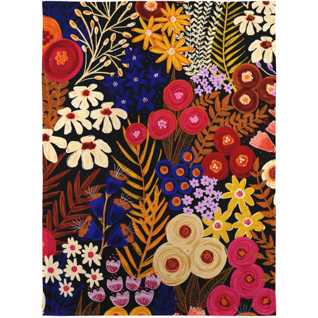Wildflowers - Multi on Black Blanket, Fleece, 30x40, Multicolor