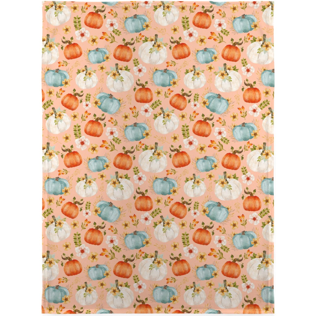 Rustic Farmhouse Pumpkins on Pale Peach Blanket, Fleece, 30x40, Orange, Orange