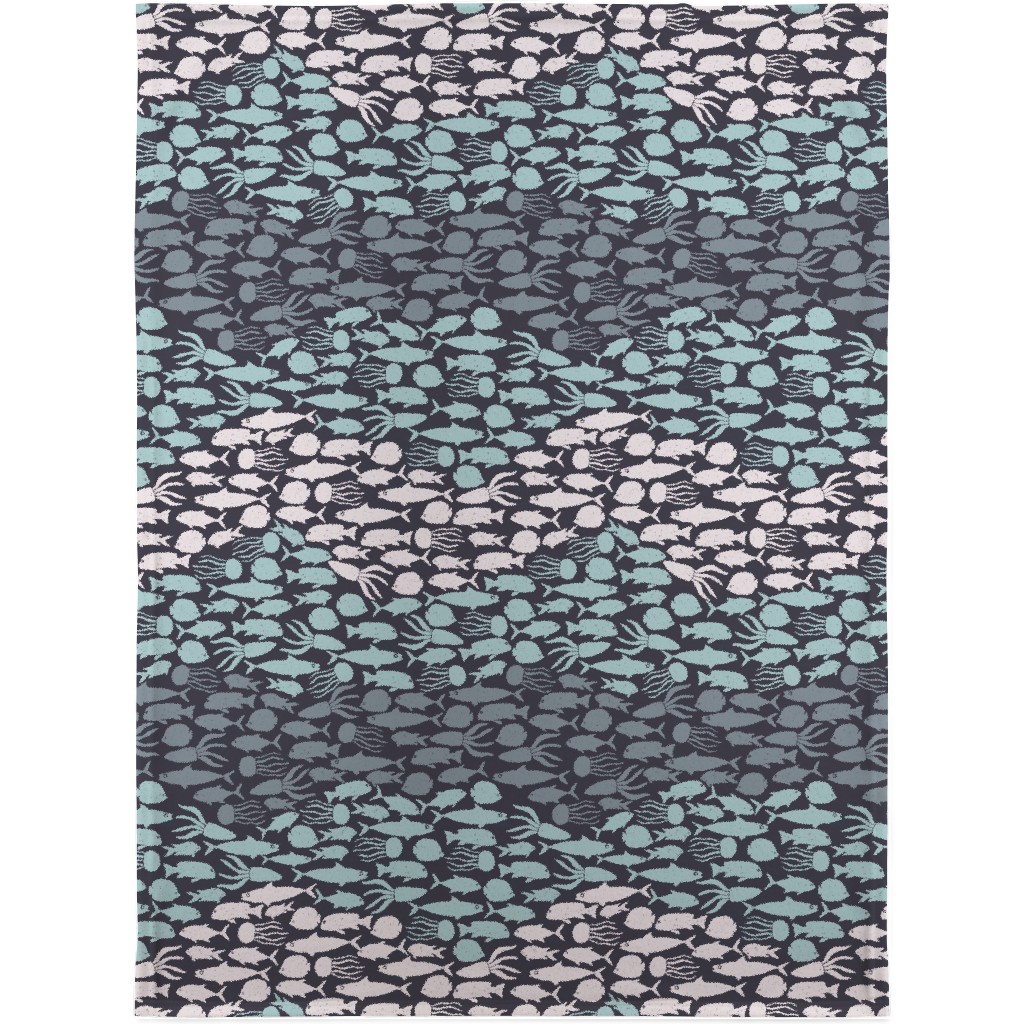 Fish School in Gray Aqua Dark Background Blanket, Fleece, 30x40, Blue