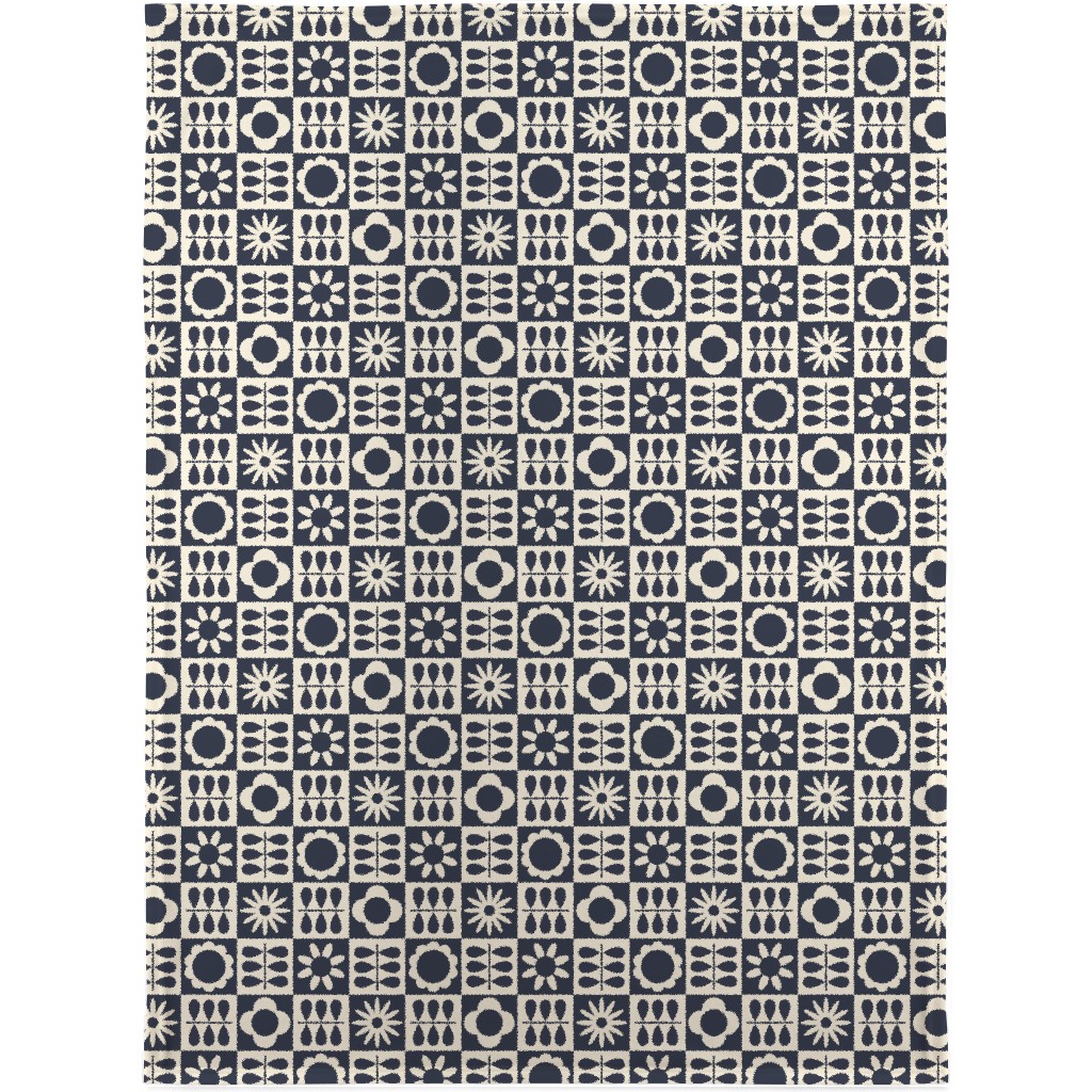 Scandinavian Checker Blooms - Off White and Navy Blanket, Fleece, 30x40, Black