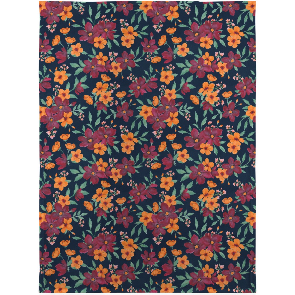 Watercolor Autumn Florals - Navy Blanket, Fleece, 30x40, Multicolor