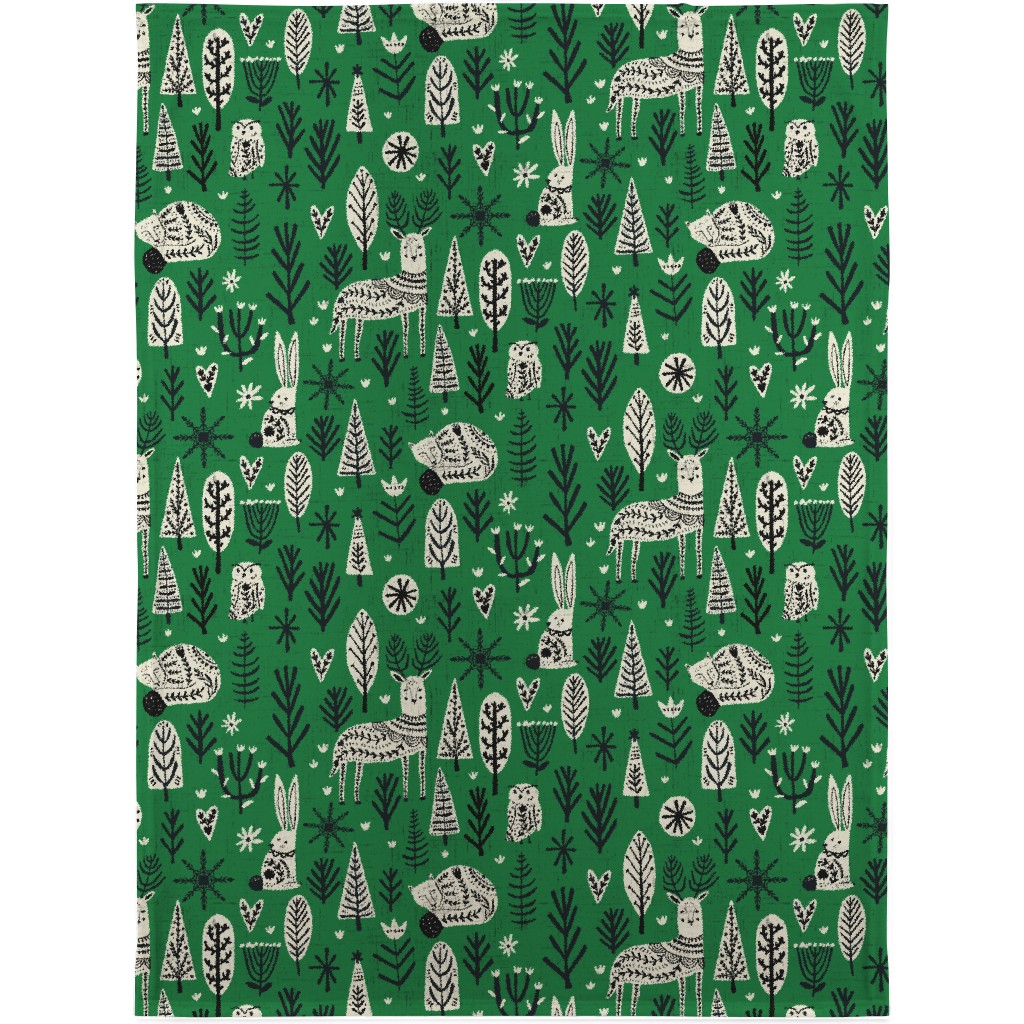 Scandi Snowflake Holiday - Alligator Green With Vanilla & Black Blanket, Fleece, 30x40, Green, Classic Green
