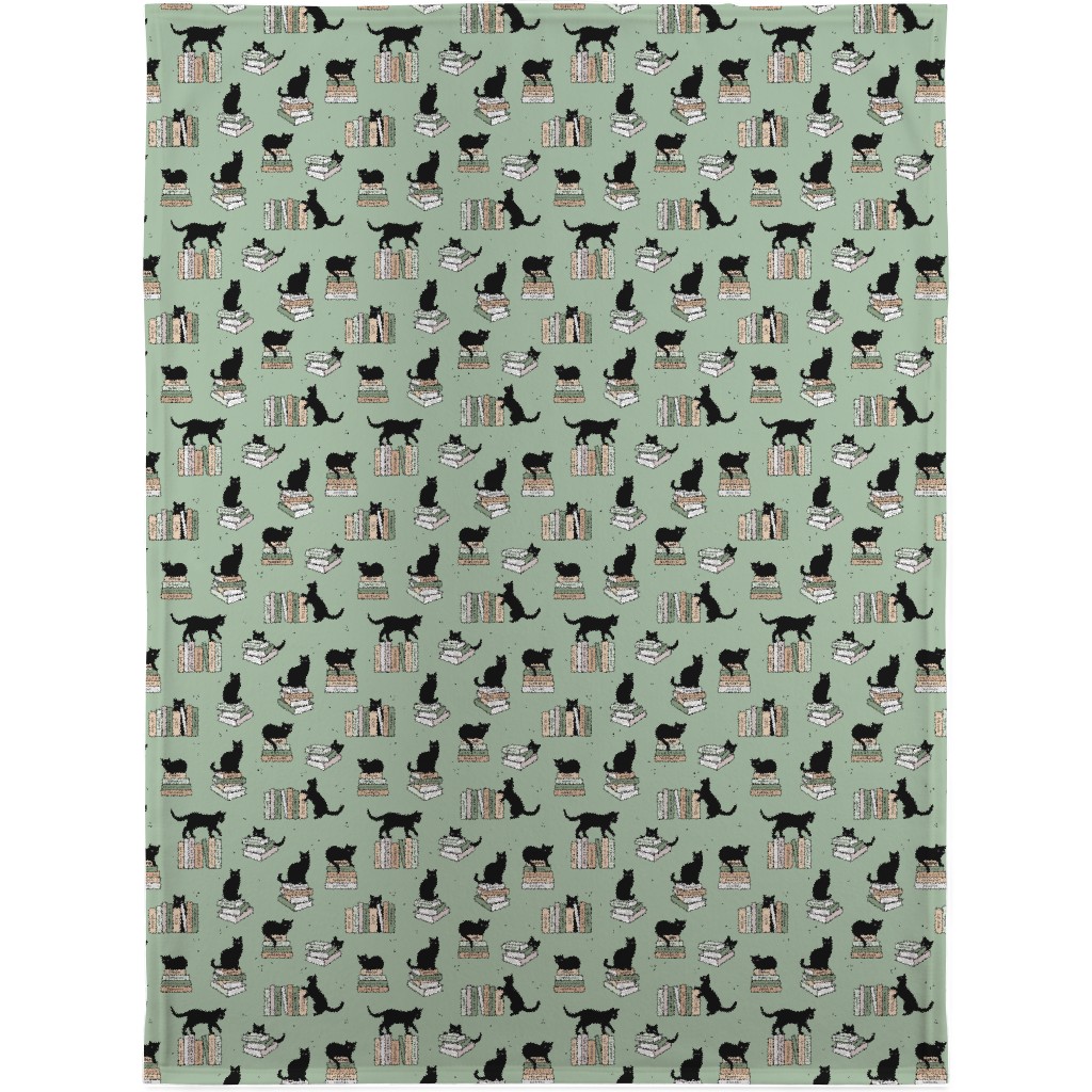 Cats and Books Blanket, Fleece, 30x40, Green