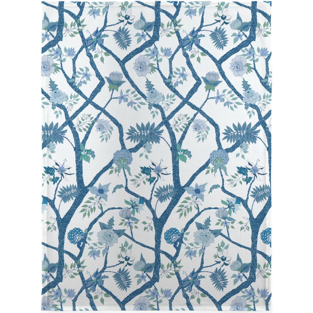 Peony Branch Mural - Blue and Green Blanket, Fleece, 30x40, Blue