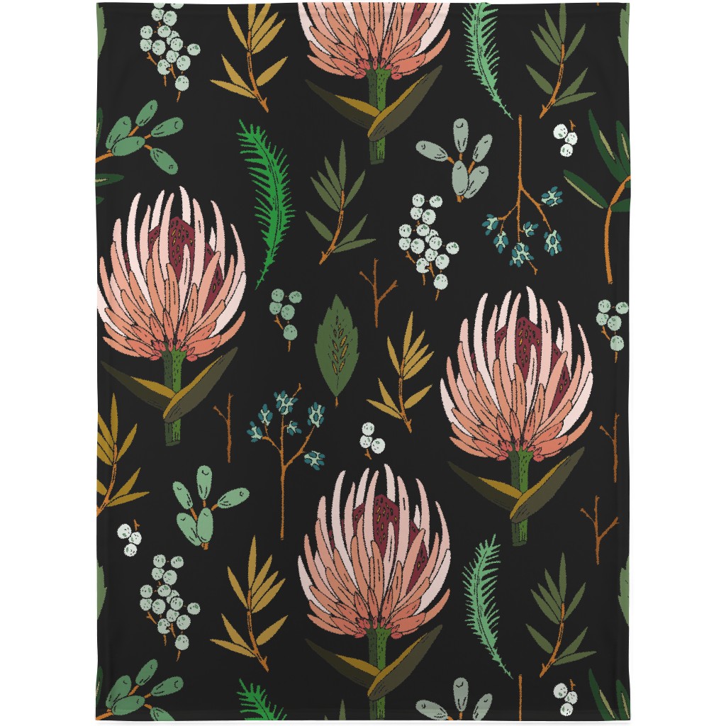 Floral Study - Multi on Black Blanket, Fleece, 30x40, Black