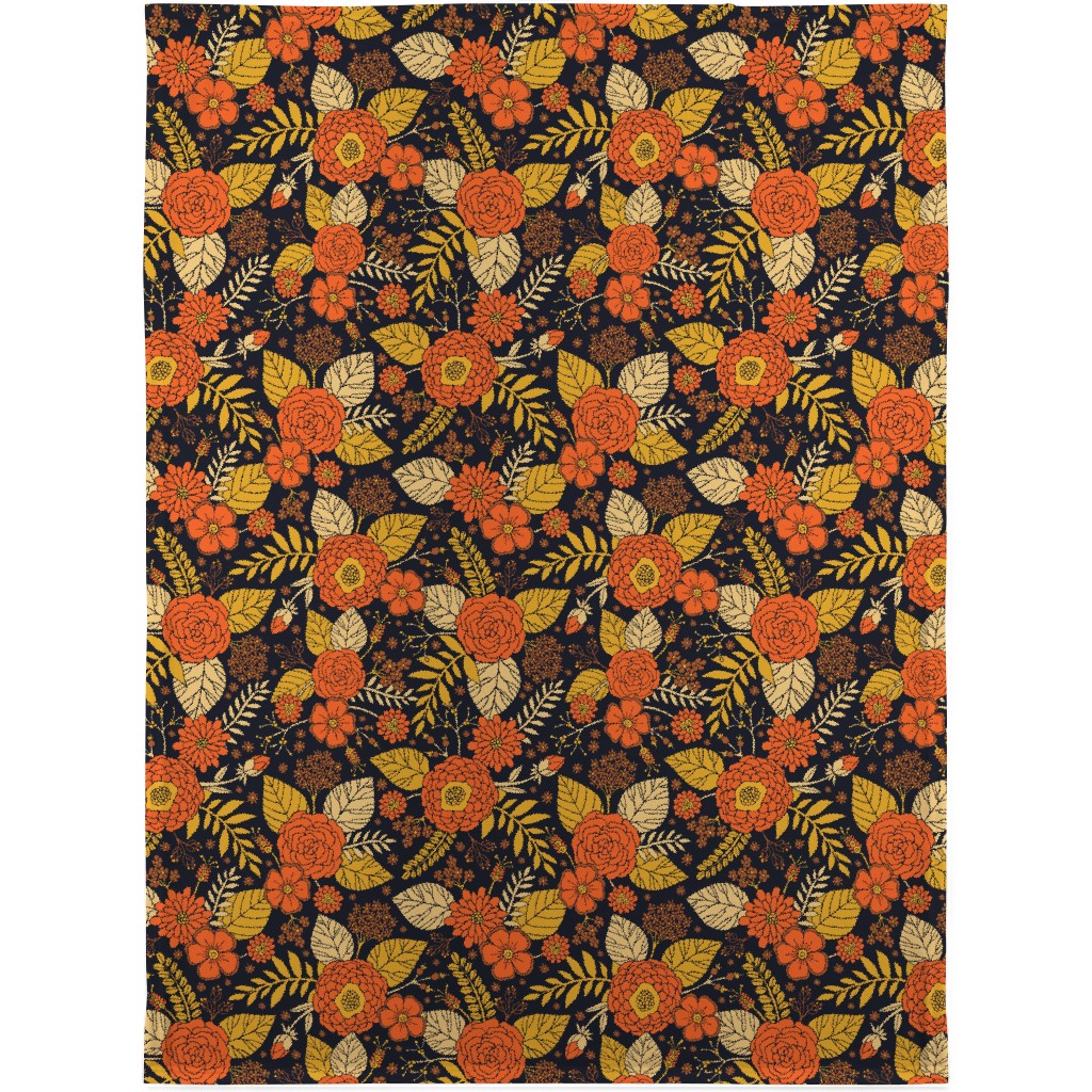 Retro Floral - Orange Brown and Yellow Blanket, Fleece, 30x40, Orange, Orange