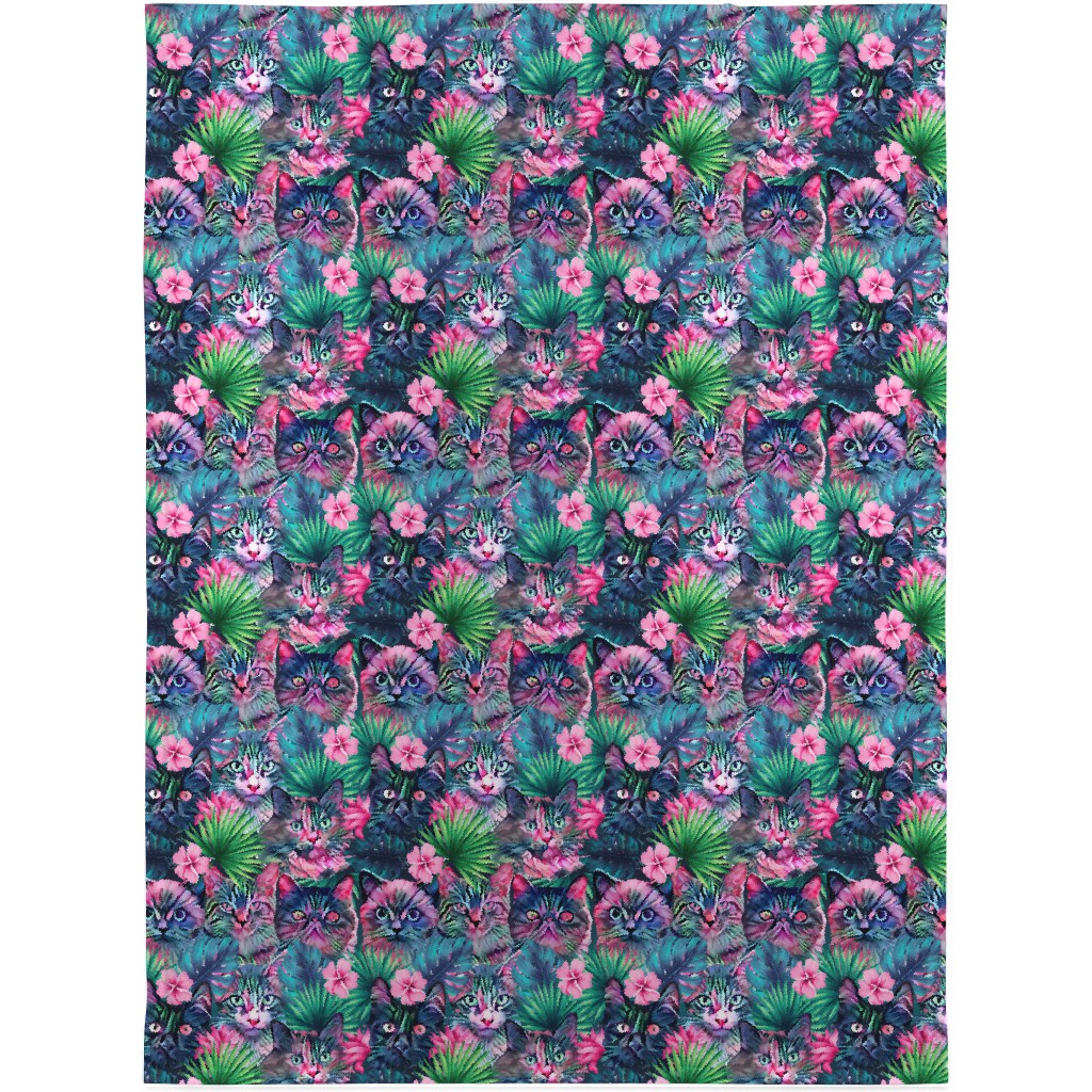 Summer Floral Cats - Multi Blanket, Fleece, 30x40, Multicolor