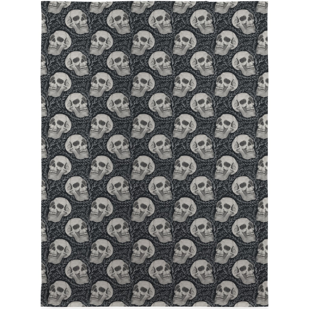 Watercolor Skulls With Flourish - Dark Blanket, Plush Fleece, 30x40, Gray, Gray