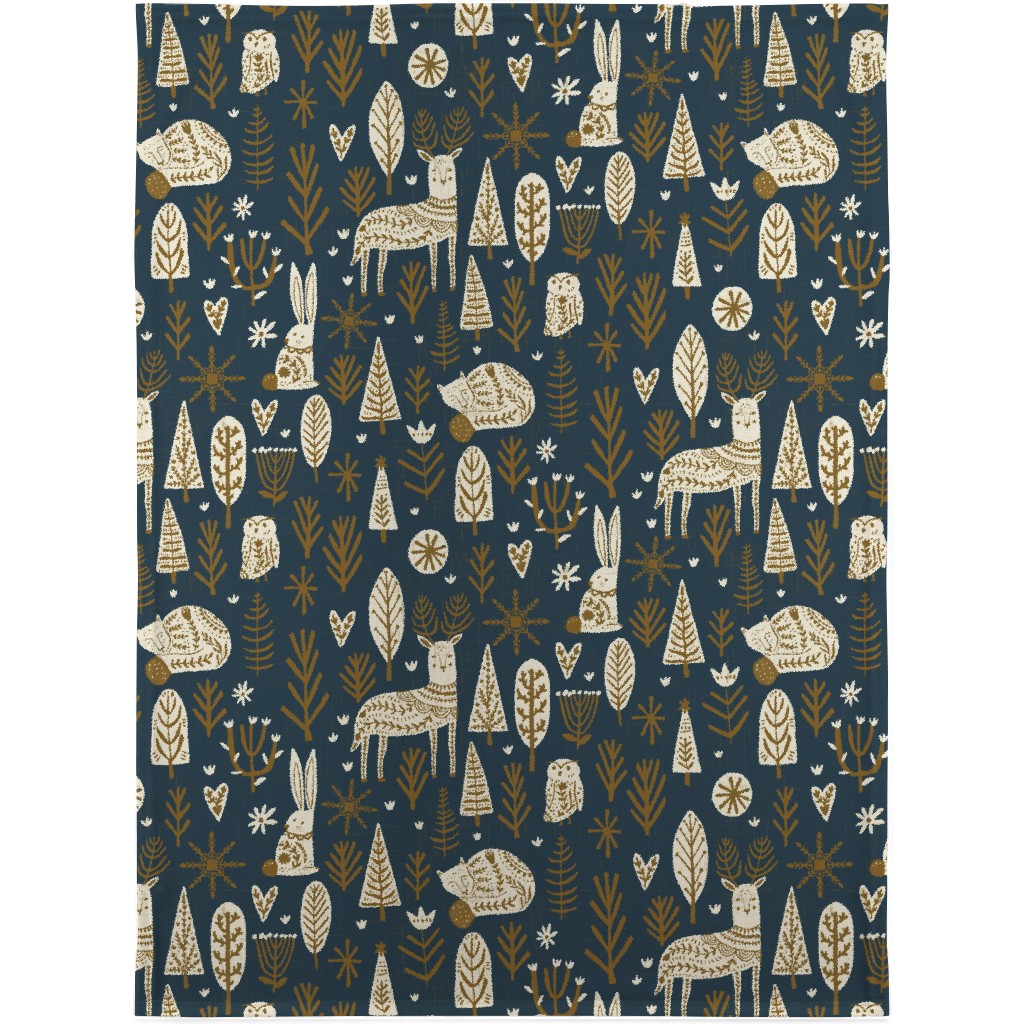 Scandi Snowflake Holiday - Prussian Blue With Pecan and Vanilla Blanket, Plush Fleece, 30x40, Blue, True Blue