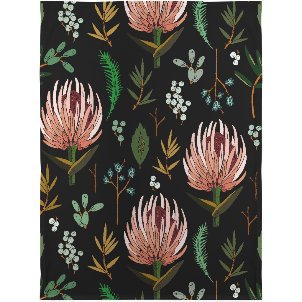 Floral Study - Multi on Black Blanket, Plush Fleece, 30x40, Black, Black