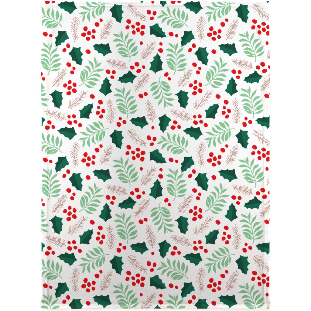 Botanical Christmas Garden Pine Leaves Holly Branch Berries - Green and Red Blanket, Plush Fleece, 30x40, Green, Classic Green