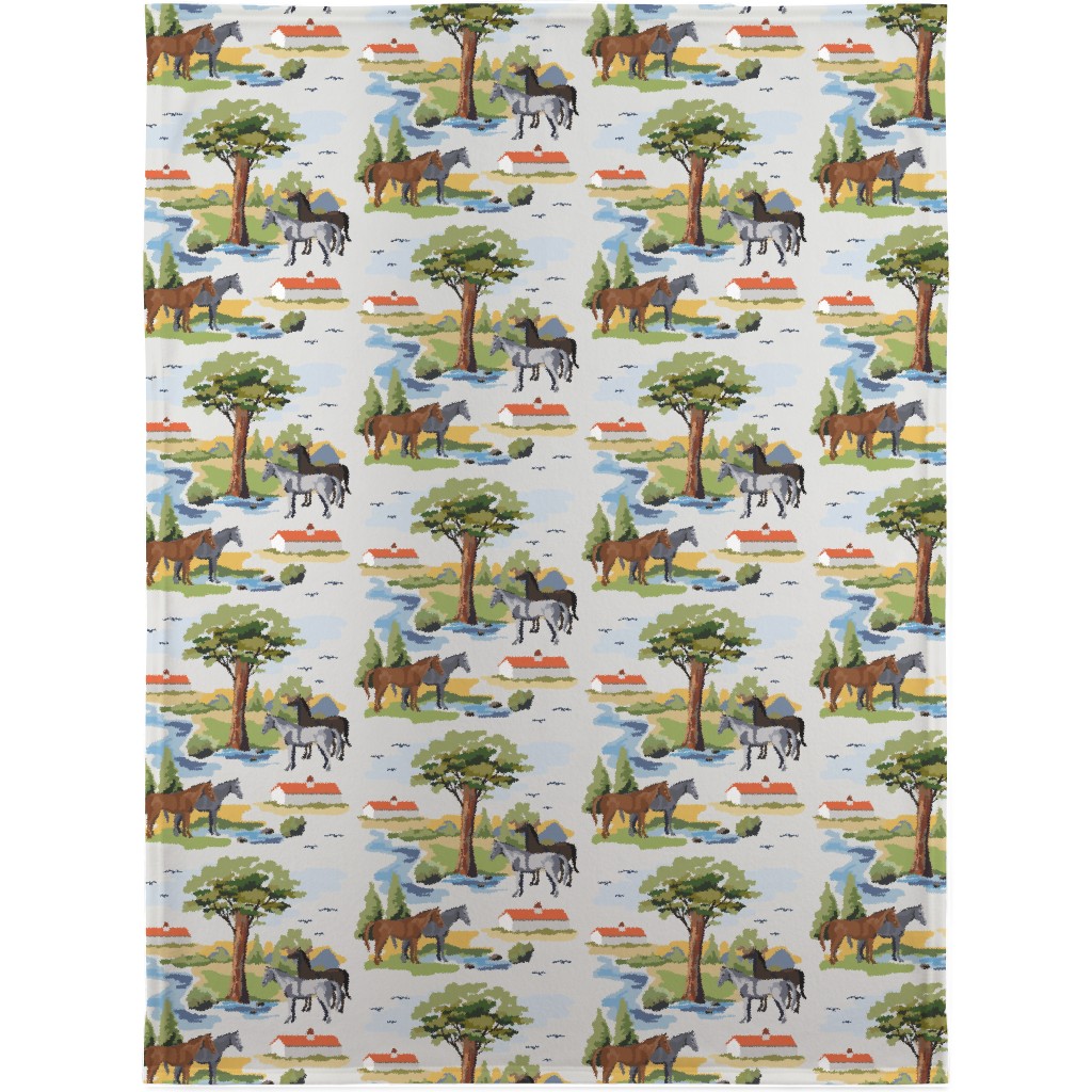 Horses and a Meadow - Multicolor Blanket, Plush Fleece, 30x40, Multicolor